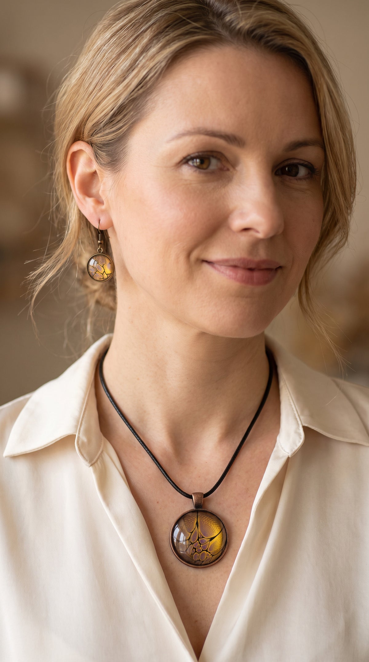 Frau trägt handgefertigtes Schmuckset Solas Aurelia mit runder Halskette und passenden Ohrringen in Gold-, Violett- und Lavendeltönen mit organischer Marmorierung.