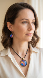 Frau trägt handgefertigtes Schmuckset Solas Golden Dawn mit runder Halskette und passenden Ohrringen in Blau-, Violett- und Goldtönen mit fliessender Marmorierung.