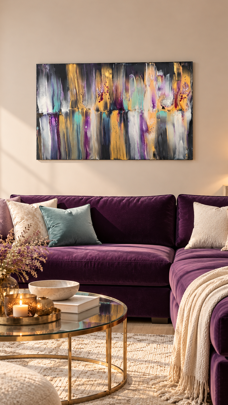 Abstraktes Leinwandbild mit vertikal fliessenden Formen auf dunklem Grund und schimmernden Akzenten in Gold, Violett, Türkis, Silber und Weiss.