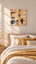 Abstraktes Leinwandbild Aurea 50 × 50 cm mit Gold, Schwarz, Weiss und Perlmutt, geometrischen Formen, Kreisen und plastischen Strukturen.
