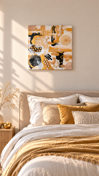 Abstraktes Leinwandbild Aurea 50 × 50 cm mit Gold, Schwarz, Weiss und Perlmutt, geometrischen Formen, Kreisen und plastischen Strukturen.