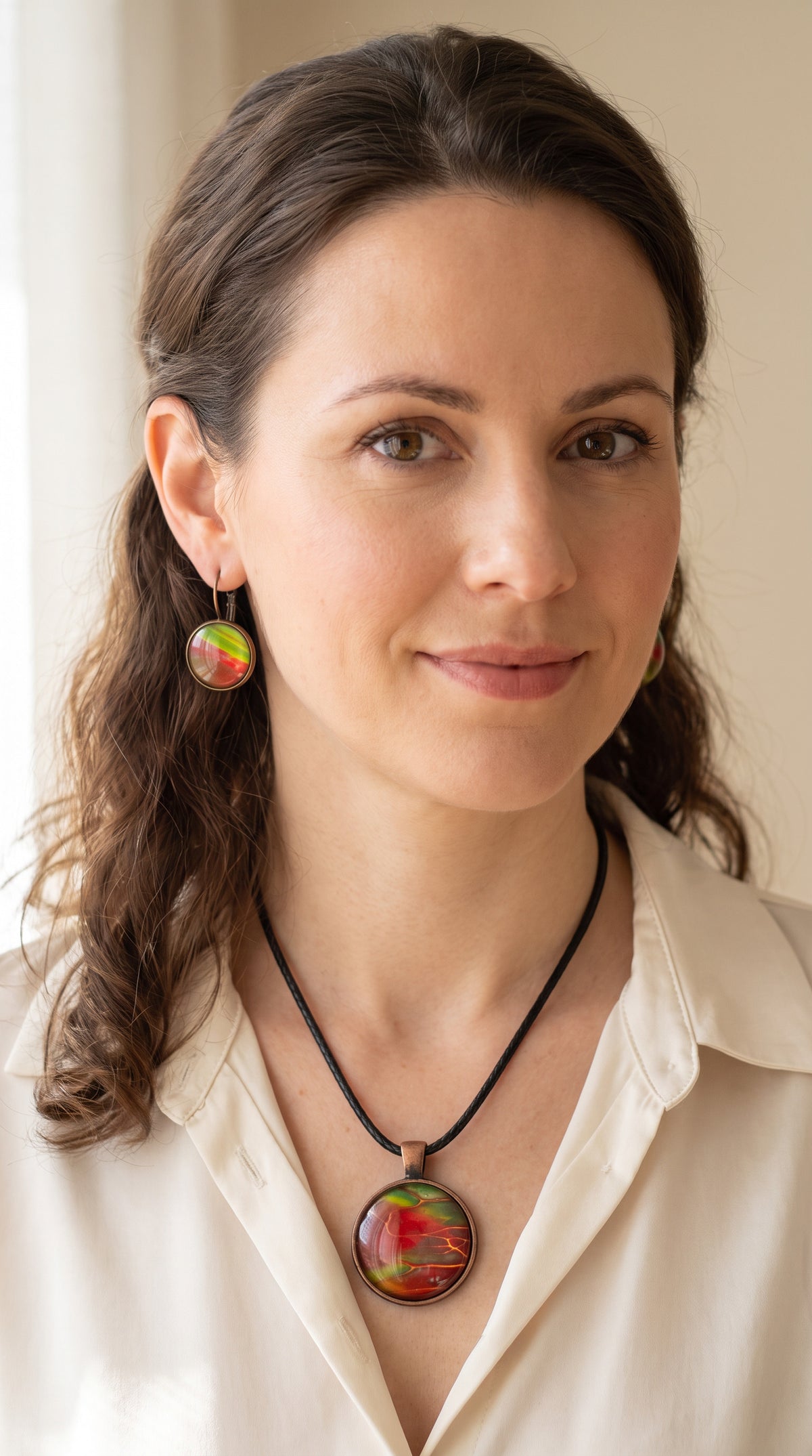 Frau trägt rundes Cabochon-Schmuckset mit grossem Halskettenanhänger und zwei passenden Ohrringen in Rot, Grün und Gelb mit kupfer-goldenen Linien.