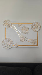 Solas Blooming Gold 3-teiliges Struktur-Gessorahmenbild in Weiss und Gold mit plastischen Blüten und Blattgold
