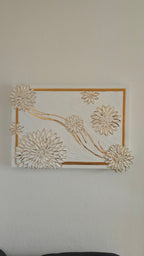 Solas Blooming Gold 3-teiliges Struktur-Gessorahmenbild in Weiss und Gold mit plastischen Blüten und Blattgold
