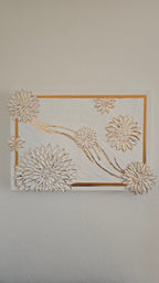 Solas Blooming Gold 3-teiliges Struktur-Gessorahmenbild in Weiss und Gold mit plastischen Blüten und Blattgold