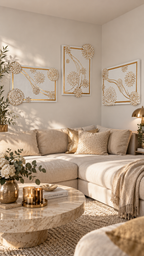 Solas Blooming Gold 3-teiliges Struktur-Gessorahmenbild in Weiss und Gold mit plastischen Blüten und Blattgold