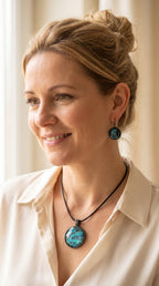 Frau trägt rundes Cabochon-Schmuckset mit Halskettenanhänger und passenden Ohrringen in Türkis, Blau, Schwarz und Grau mit fliessender marmorierter Maserung.