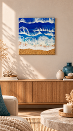 Resin Wandbild Solas Breaking Blue mit tiefblauem und türkisem Meer, mehreren weissen Wellen und strukturiertem goldfarbenem Küstenbereich.