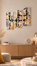 Dreiteiliges abstraktes Struktur Leinwandbild Cadence in Gold, Schwarz, Weiss und Silber mit Kreisen, Linien und plastischen Elementen.