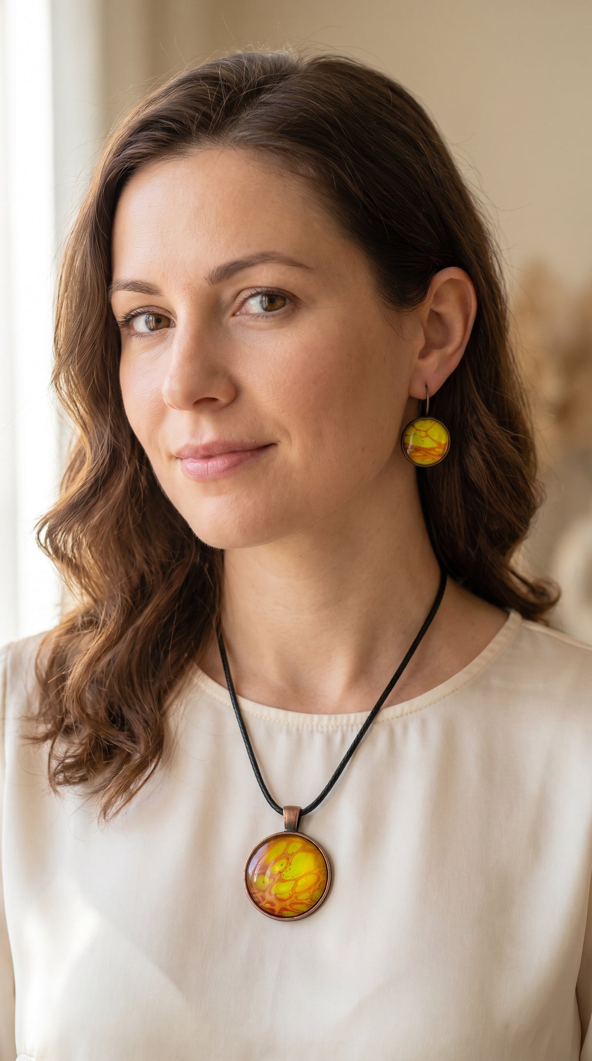 Frau trägt rundes Cabochon-Schmuckset mit Anhänger und Ohrringen an schwarzem Band, mit organischem Muster in Gelb, Limettengrün und Orange, durchzogen von goldenen Adern.