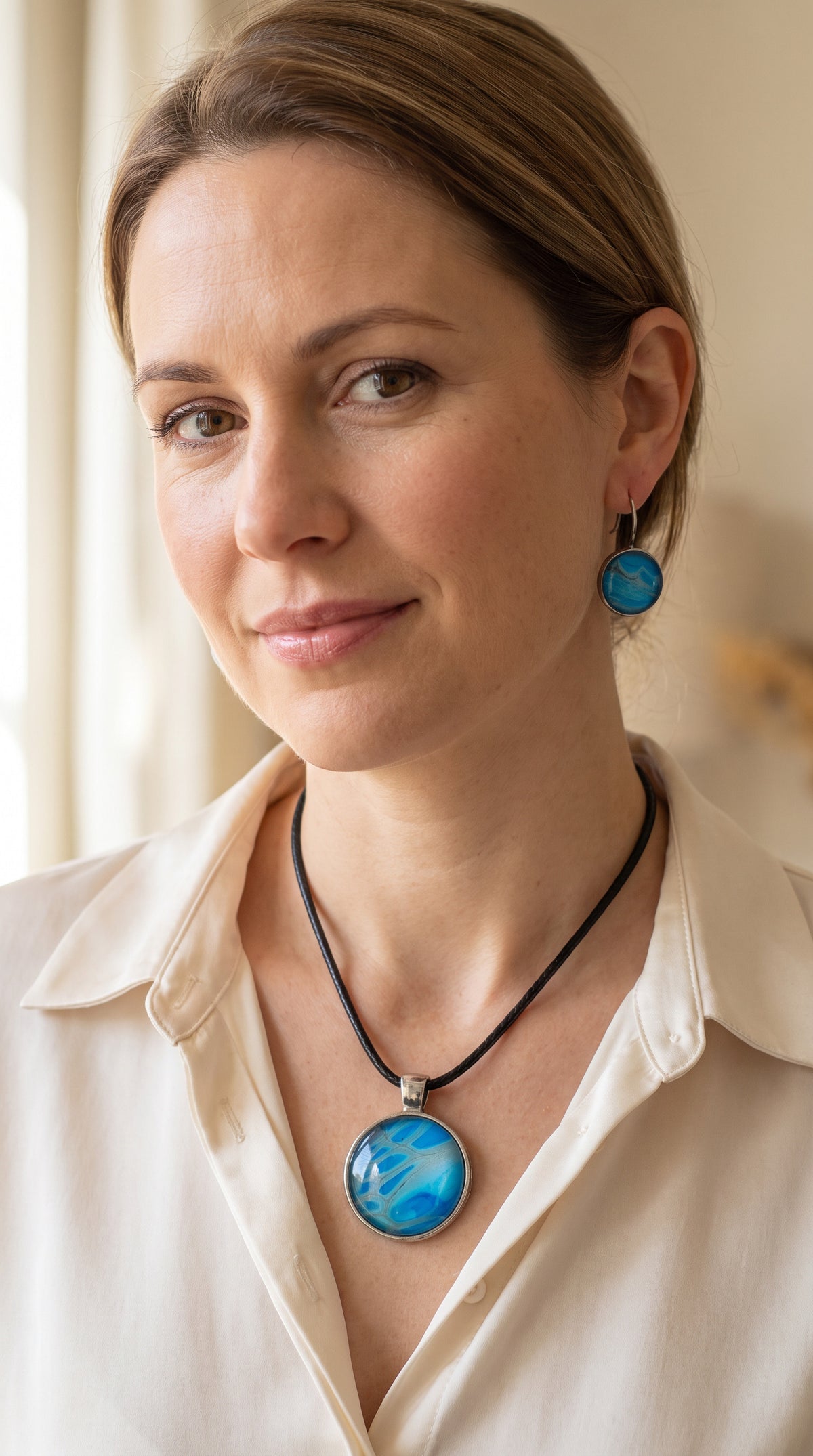 Frau trägt rundes Cabochon-Schmuckset mit Anhänger und Ohrringen an schwarzem Band, mit organischem Muster in Türkis, Cyan und Blau sowie silbernem Schimmer.