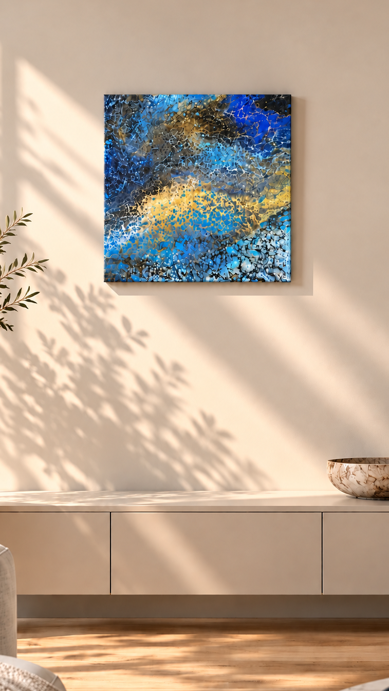 Solas Deep Current abstraktes Acryl-Wandbild auf Leinwand in Blau, Gold und Schwarz mit organischen Zellstrukturen