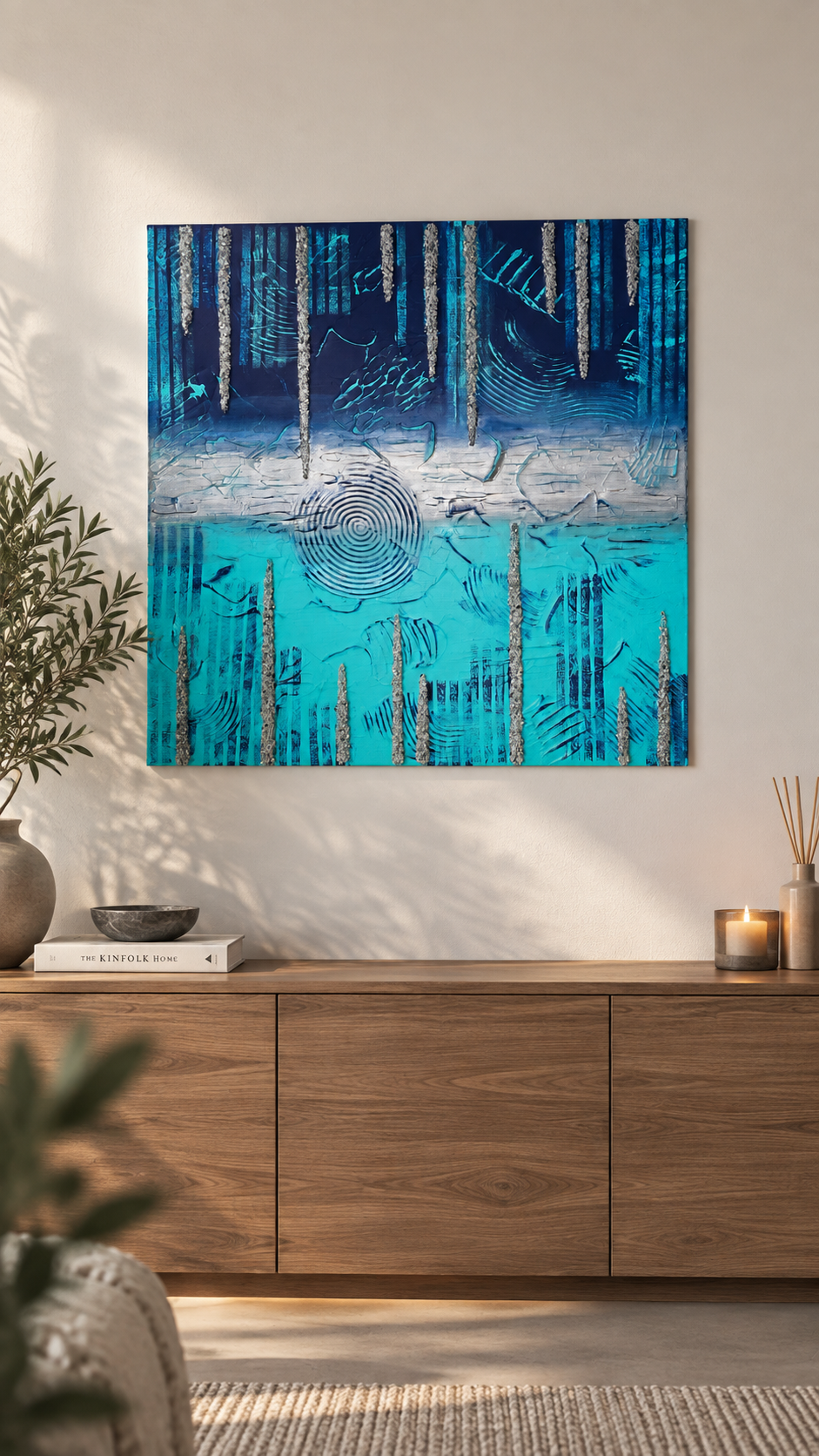 Handgefertigtes Struktur-Leinwandbild “Solas Frozen Horizon” in Blau, Türkis und Silber, 80 × 80 cm.