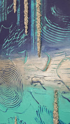 Handgefertigtes Struktur-Leinwandbild “Solas Frozen Horizon” in Blau, Türkis und Silber, 80 × 80 cm.