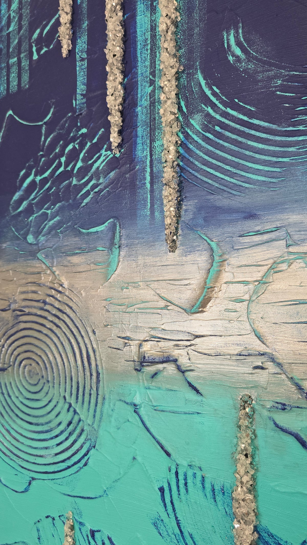 Handgefertigtes Struktur-Leinwandbild “Solas Frozen Horizon” in Blau, Türkis und Silber, 80 × 80 cm.