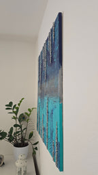 Handgefertigtes Struktur-Leinwandbild “Solas Frozen Horizon” in Blau, Türkis und Silber, 80 × 80 cm.