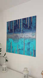 Handgefertigtes Struktur-Leinwandbild “Solas Frozen Horizon” in Blau, Türkis und Silber, 80 × 80 cm.