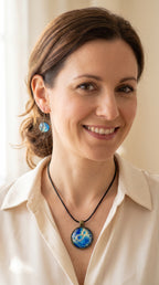 Frau trägt rundes Cabochon-Schmuckset mit Anhänger und Ohrringen an schwarzem Band, mit organischem Muster in Blau, Türkis und Aquatönen sowie goldenen Akzenten.