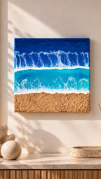 Handgefertigtes Resin-Meeresbild Solas Golden Shore auf einem strukturierten Gesso-Rahmen mit goldener Sandstruktur, türkisblauen Wellen und schimmernden Perlmutt-Effekten.