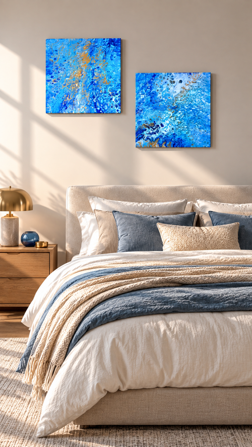 Zwei quadratische abstrakte Acryl-Leinwandbilder mit fliessenden Strukturen und Zellmustern in verschiedenen Blautönen, Weiss und Gold.