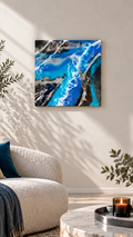 Abstraktes Resin Wandbild Solas Liquid Azure in Blau, Türkis, Schwarz und Silber mit weissen fliessenden Formen und irisierenden Details.