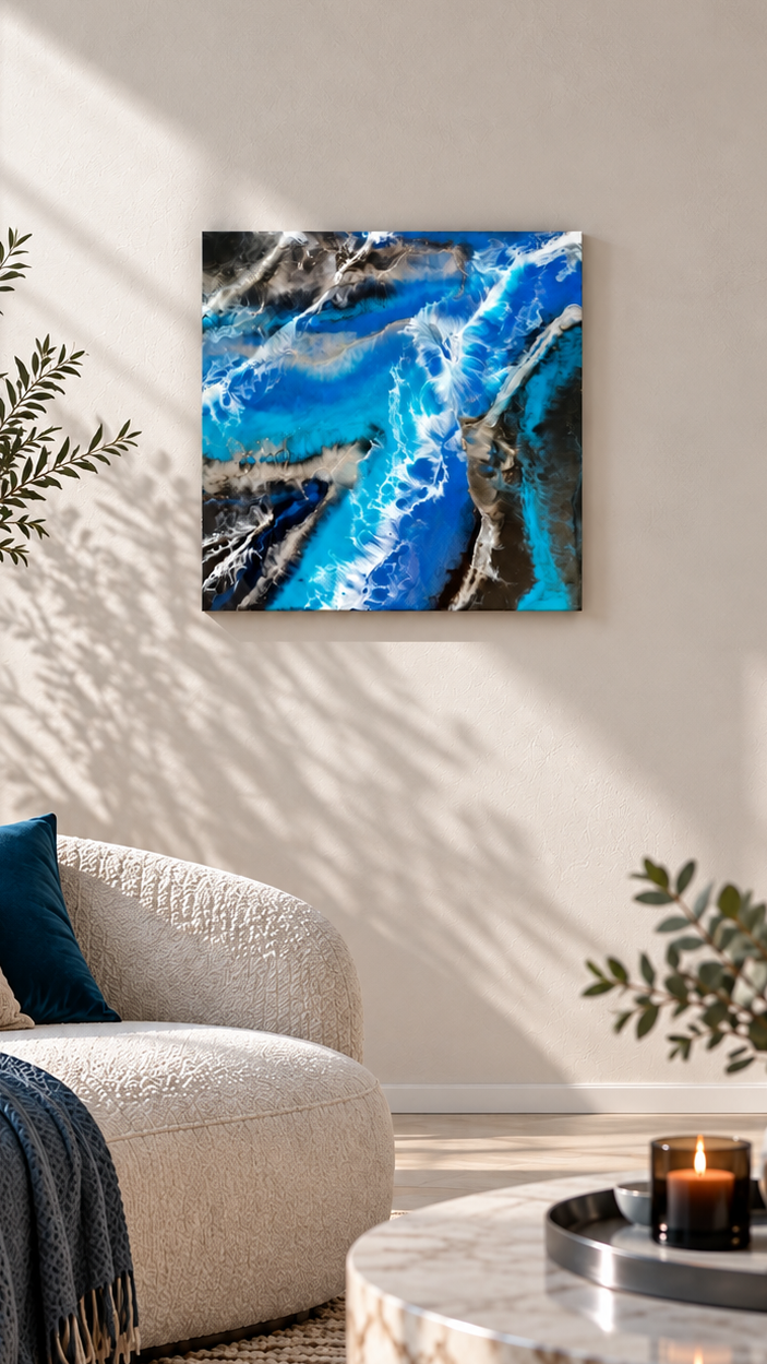 Abstraktes Resin Wandbild Solas Liquid Azure in Blau, Türkis, Schwarz und Silber mit weissen fliessenden Formen und irisierenden Details.