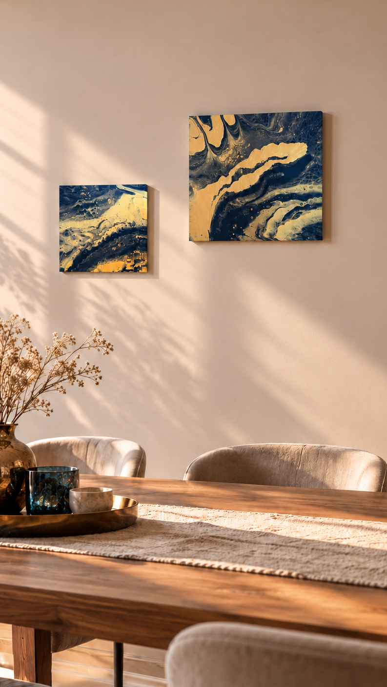 Zwei quadratische abstrakte Acryl-Leinwandbilder mit fliessenden Strukturen in Dunkelblau, Gold und feinen hellen Akzenten.
