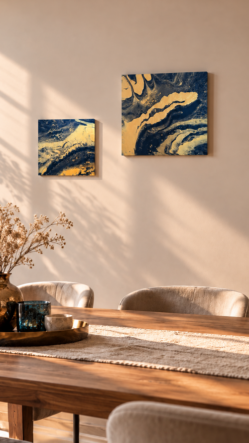 Zwei quadratische abstrakte Acryl-Leinwandbilder mit fliessenden Strukturen in Dunkelblau, Gold und feinen hellen Akzenten.