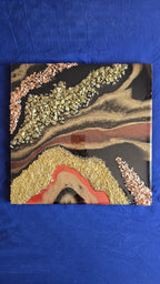 Quadratisches Resin Strukturbild Solas Mineral Glow in Schwarz, Gold, Kupfer und Perlmutt mit Steinen und plastischen Strukturelementen.