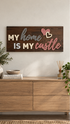 Handgefertigtes String Art Holzbild “My Home Is My Castle” auf dunklem Holz mit goldfarbenen Nägeln und creme-, grau- sowie rosafarbenen Fäden