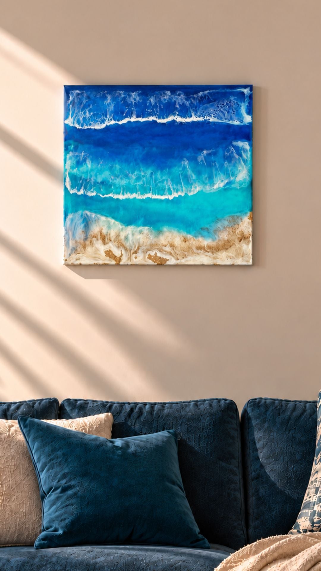 Resin-Meeresbild Solas Ocean Breeze 40 × 40 cm in Blau und Türkis mit weissen Wellenstrukturen