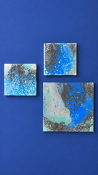 Solas Ocean Cells 3-teiliges abstraktes Acryl-Wandbild auf Leinwand in Blau, Türkis, Schwarz und Weiss