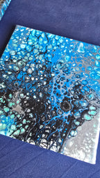 Solas Ocean Cells 3-teiliges abstraktes Acryl-Wandbild auf Leinwand in Blau, Türkis, Schwarz und Weiss