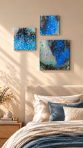 Solas Ocean Cells 3-teiliges abstraktes Acryl-Wandbild auf Leinwand in Blau, Türkis, Schwarz und Weiss