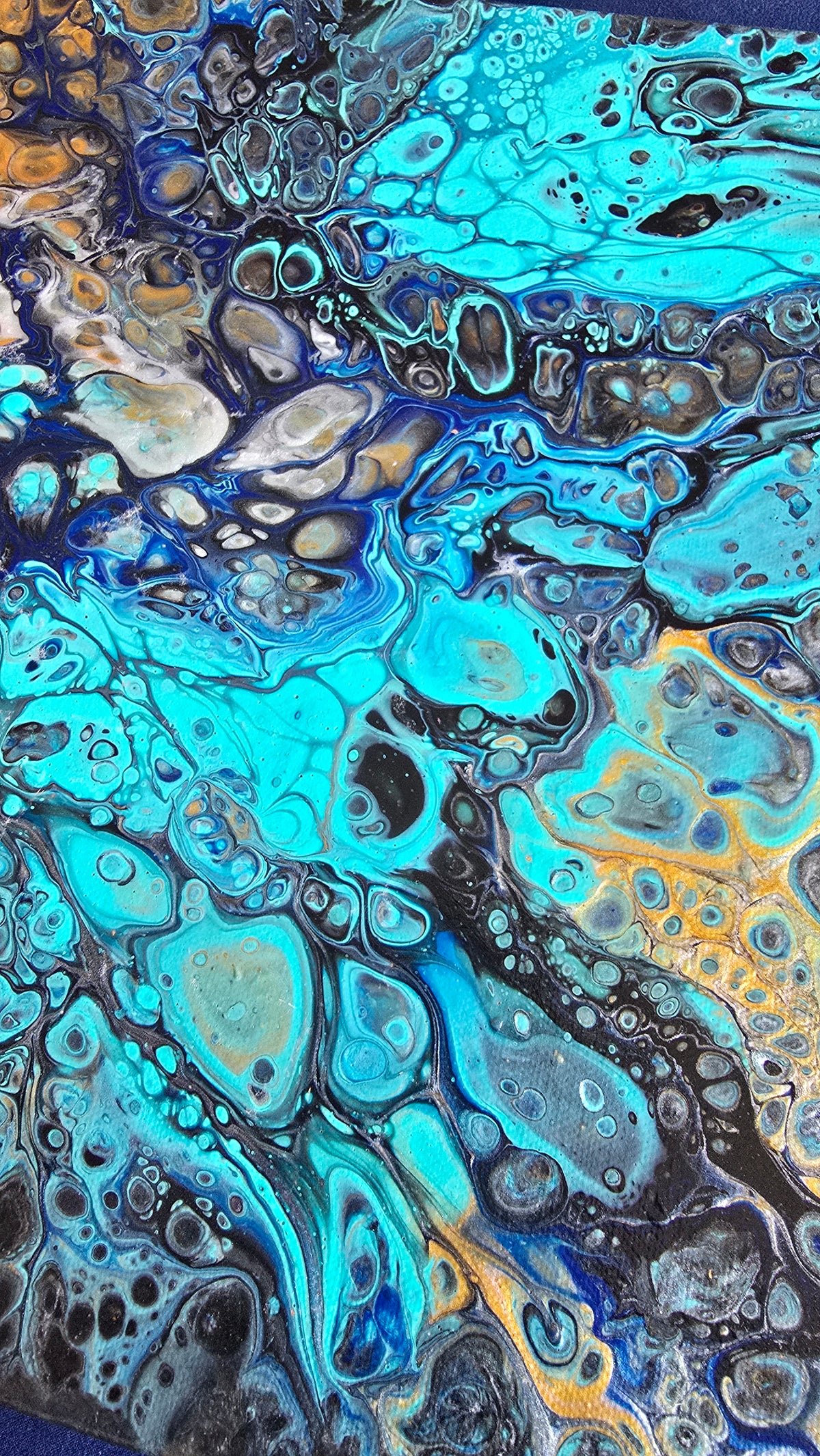 Solas Ocean Mosaic 5-teiliges abstraktes Acryl-Wandbild auf Leinwand in Türkis, Blau, Gold, Schwarz und Weiss