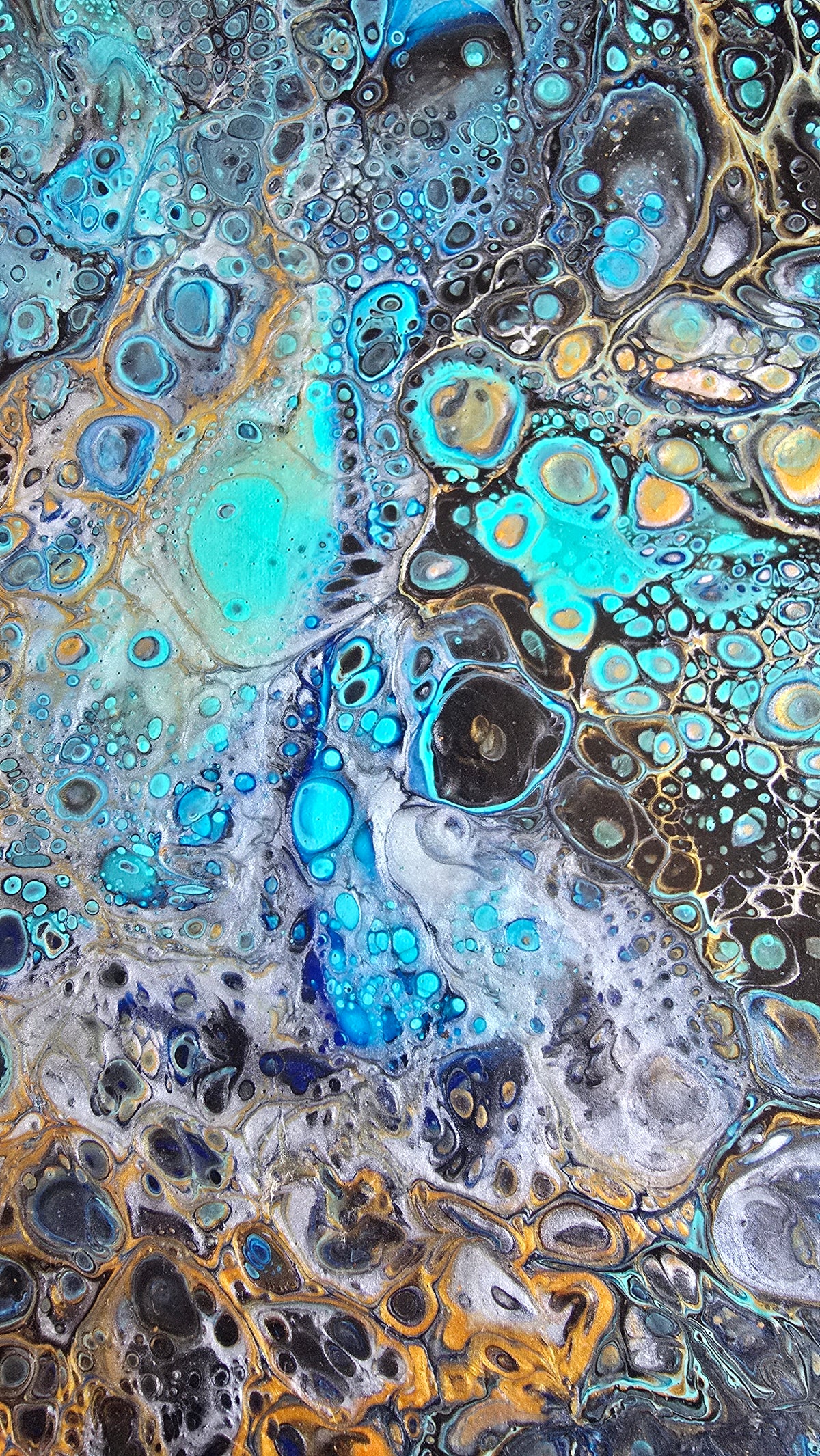 Solas Ocean Mosaic 5-teiliges abstraktes Acryl-Wandbild auf Leinwand in Türkis, Blau, Gold, Schwarz und Weiss