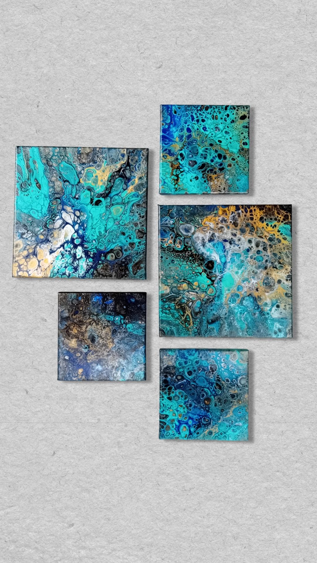 Solas Ocean Mosaic 5-teiliges abstraktes Acryl-Wandbild auf Leinwand in Türkis, Blau, Gold, Schwarz und Weiss