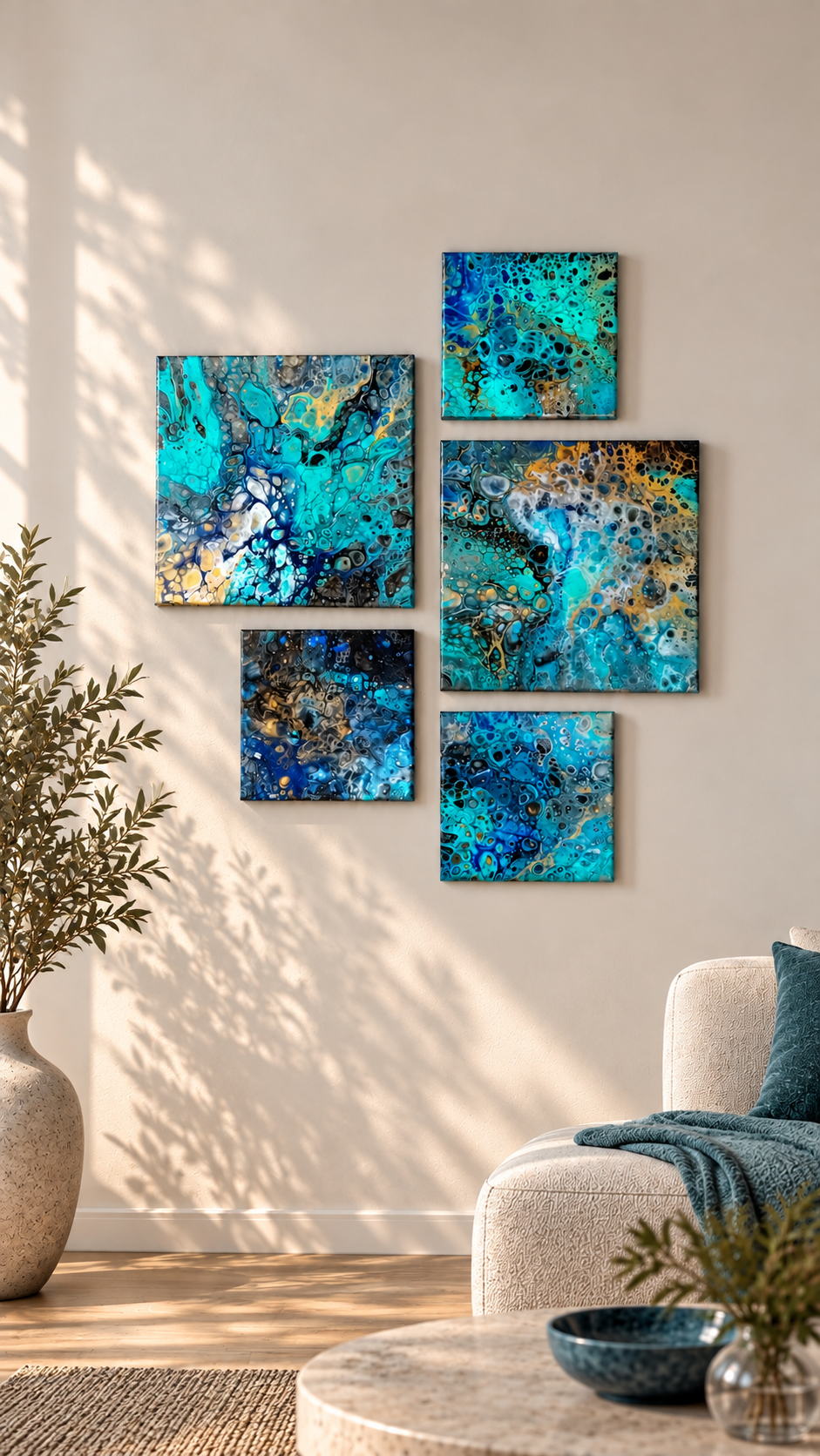 Solas Ocean Mosaic 5-teiliges abstraktes Acryl-Wandbild auf Leinwand in Türkis, Blau, Gold, Schwarz und Weiss