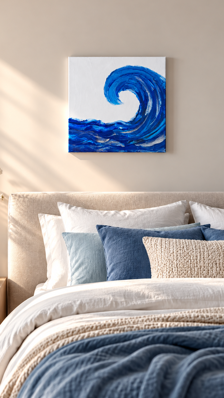 Quadratisches Acryl-Leinwandbild mit grosser geschwungener Welle in verschiedenen Blau- und Dunkelblautönen auf hellem Hintergrund.