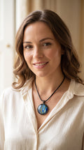 Frau trägt runde Cabochon Kette Solas Ocean Veil in Blau, Türkis, Petrol und Grün mit dunkler Metallfassung und schwarzem Band.