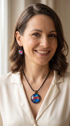 Frau trägt rundes Cabochon-Schmuckset mit Anhänger und Ohrringen an schwarzem Band, mit abstraktem Muster in Blau, Cyan, Pink und Violett sowie feinen goldenen Linien.