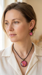 Frau trägt handgefertigtes Schmuckset Solas Pink Dream mit runder Halskette und passenden Ohrringen in leuchtenden Pink-, Magenta- und Goldtönen mit fließender Marmorierung.