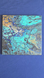 Solas Ocean Mosaic 5-teiliges abstraktes Acryl-Wandbild auf Leinwand in Türkis, Blau, Gold, Schwarz und Weiss