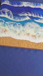 Resin Wandbild Solas Breaking Blue mit tiefblauem und türkisem Meer, mehreren weissen Wellen und strukturiertem goldfarbenem Küstenbereich.