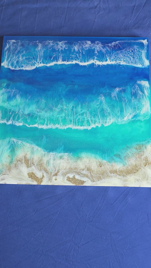 Resin-Meeresbild Solas Ocean Breeze 40 × 40 cm in Blau und Türkis mit weissen Wellenstrukturen