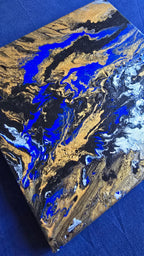 Zwei quadratische abstrakte Acryl-Leinwandbilder mit fliessenden Strukturen in kräftigem Blau, Gold, Weiss, Grau und Schwarz.