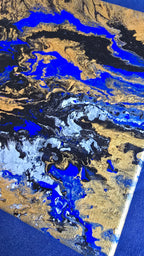 Zwei quadratische abstrakte Acryl-Leinwandbilder mit fliessenden Strukturen in kräftigem Blau, Gold, Weiss, Grau und Schwarz.