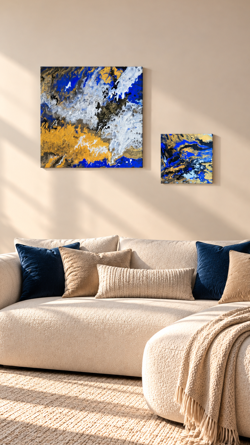 Zwei quadratische abstrakte Acryl-Leinwandbilder mit fliessenden Strukturen in kräftigem Blau, Gold, Weiss, Grau und Schwarz.