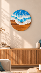 Rundes Resin Wandbild Solas Seafoam auf Holz mit blau-türkisem Meer, weissen Wellen, irisierenden Farbakzenten und sichtbarer Holzstruktur.