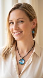Frau trägt rundes Cabochon-Schmuckset mit Anhänger und Ohrringen an schwarzem Band, mit fliessendem Muster in Cyan und Blau, silbrigem Perlmuttschimmer und dunklen Linien.